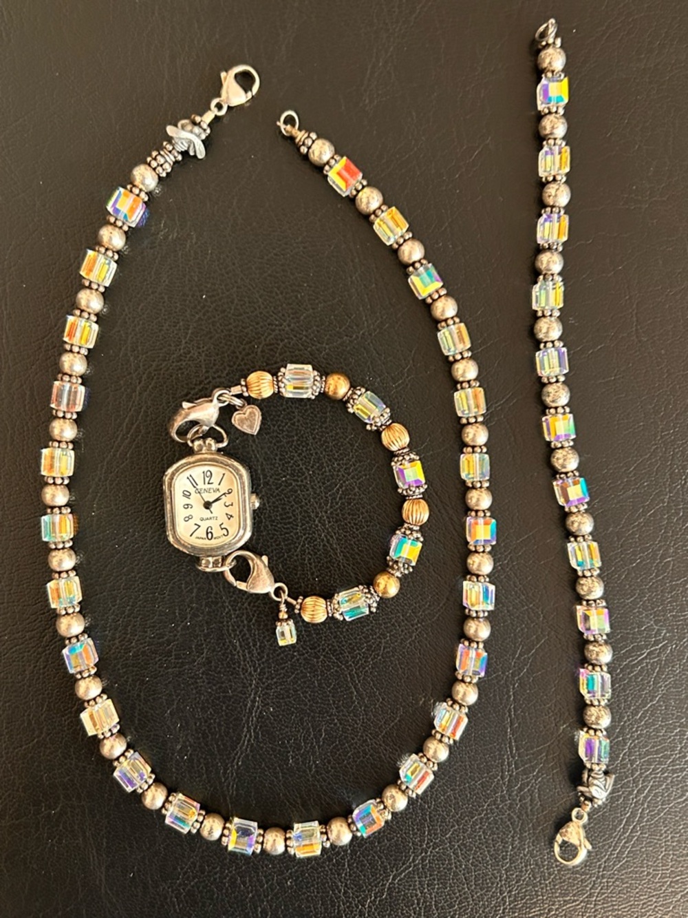 Iridescent Crystal Bead Necklace,  Bracelet and Geneva watch